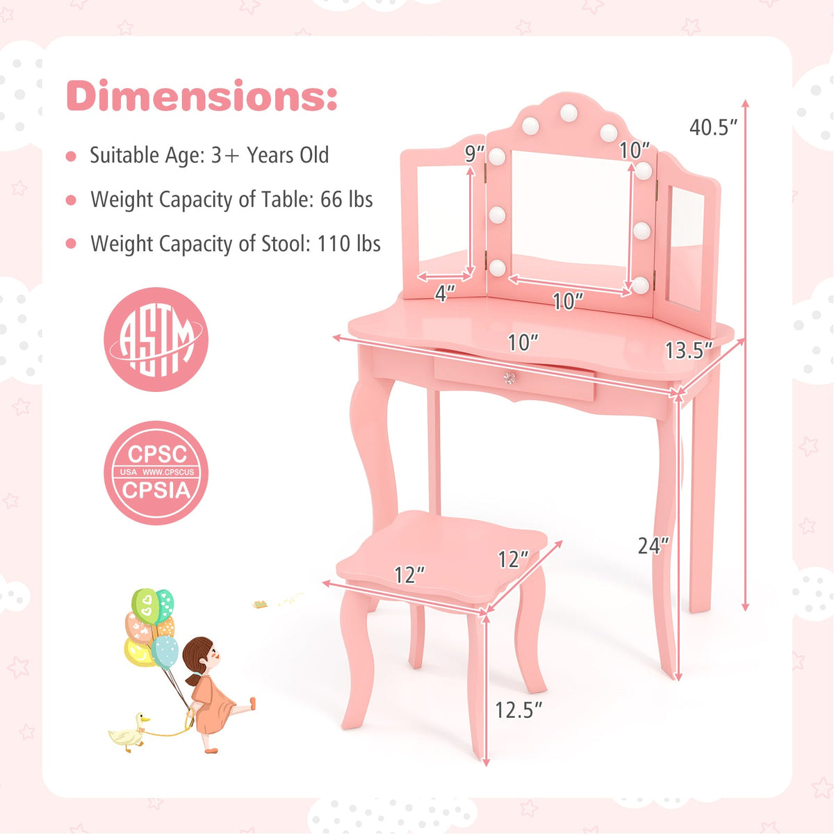 Kid Vanity Table Stool Set with Tri-Folding Mirror and 3-Color LED Lights