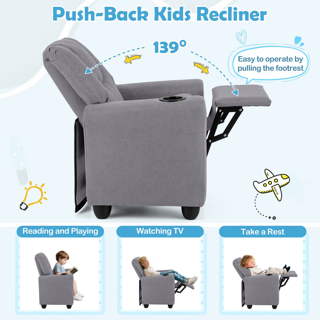 Kids Recliner Chair Push Back Toddler Reclining Armchair with Cup Holder