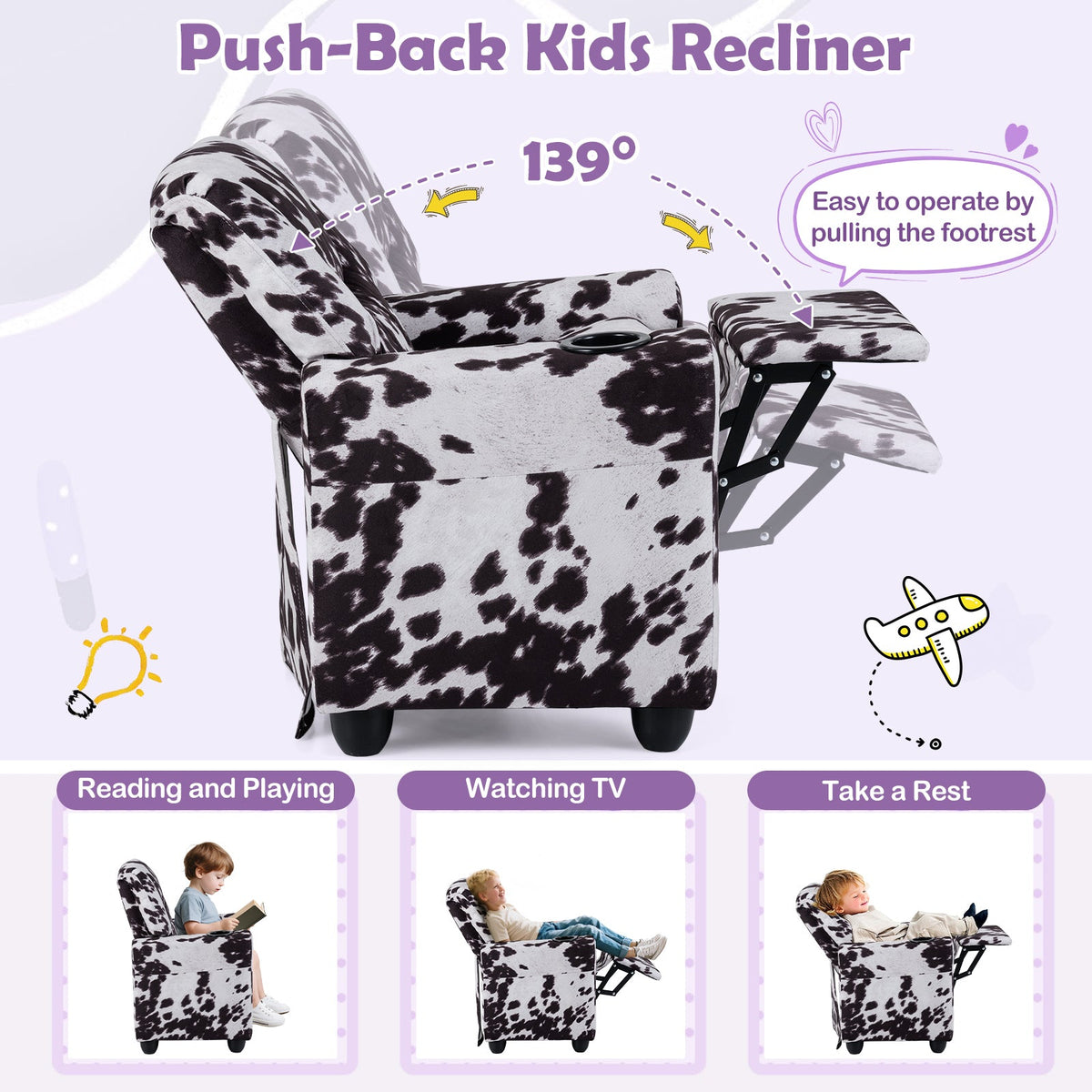 Kids Recliner Chair Push Back Toddler Reclining Armchair with Cup Holder