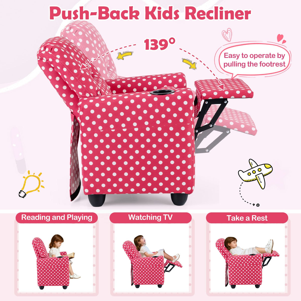 Kids Recliner Chair Push Back Toddler Reclining Armchair with Cup Holder