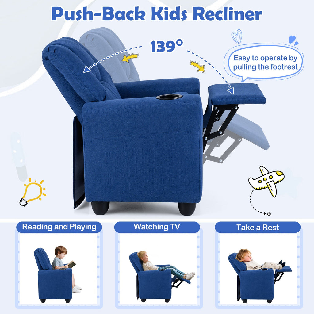 Kids Recliner Chair Push Back Toddler Reclining Armchair with Cup Holder