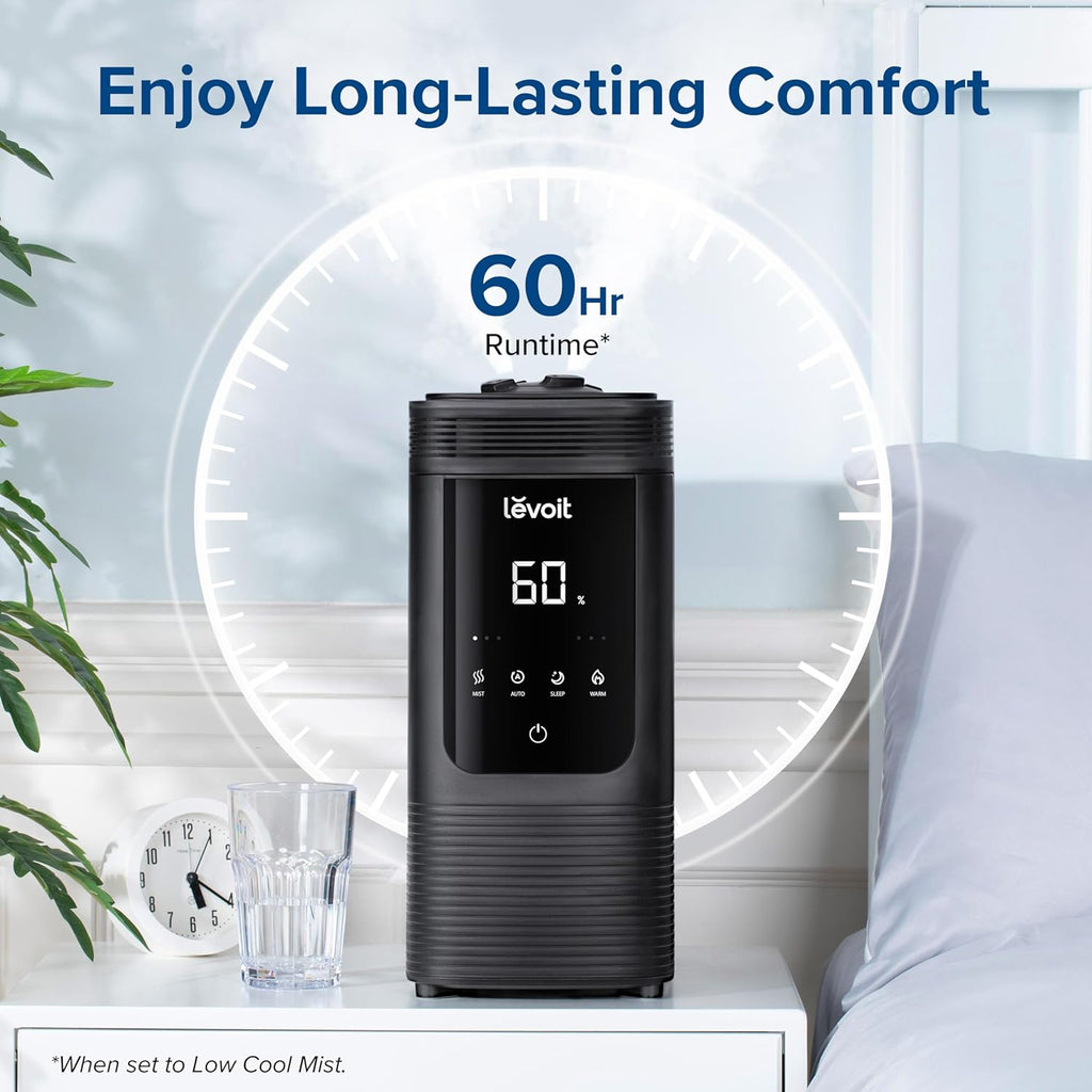 LEVOIT 6L Smart Warm & Cool Mist Humidifier for Large Rooms – 60H Runtime, Auto Humidity, Top-Fill, Essential Oil Diffuser, Whisper-Quiet, Handle, Black