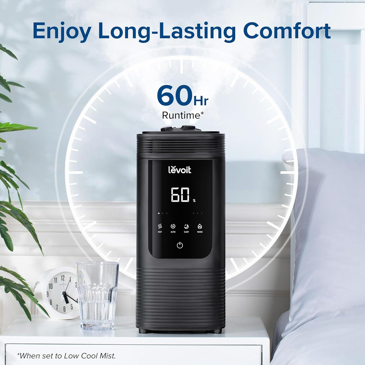 LEVOIT 6L Smart Warm & Cool Mist Humidifier for Large Rooms – 60H Runtime, Auto Humidity, Top-Fill, Essential Oil Diffuser, Whisper-Quiet, Handle, Black