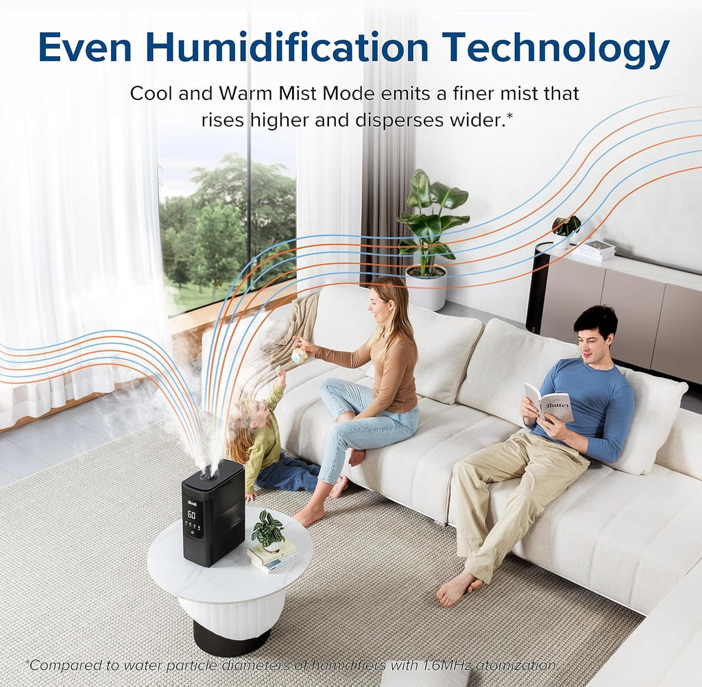 LEVOIT 6L Smart Warm & Cool Mist Humidifier for Large Rooms – 60H Runtime, Auto Humidity, Top-Fill, Essential Oil Diffuser, Whisper-Quiet, Handle, Black