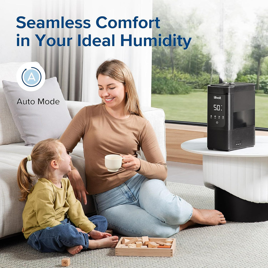 LEVOIT 6L Smart Warm & Cool Mist Humidifier for Large Rooms – 60H Runtime, Auto Humidity, Top-Fill, Essential Oil Diffuser, Whisper-Quiet, Handle, Black