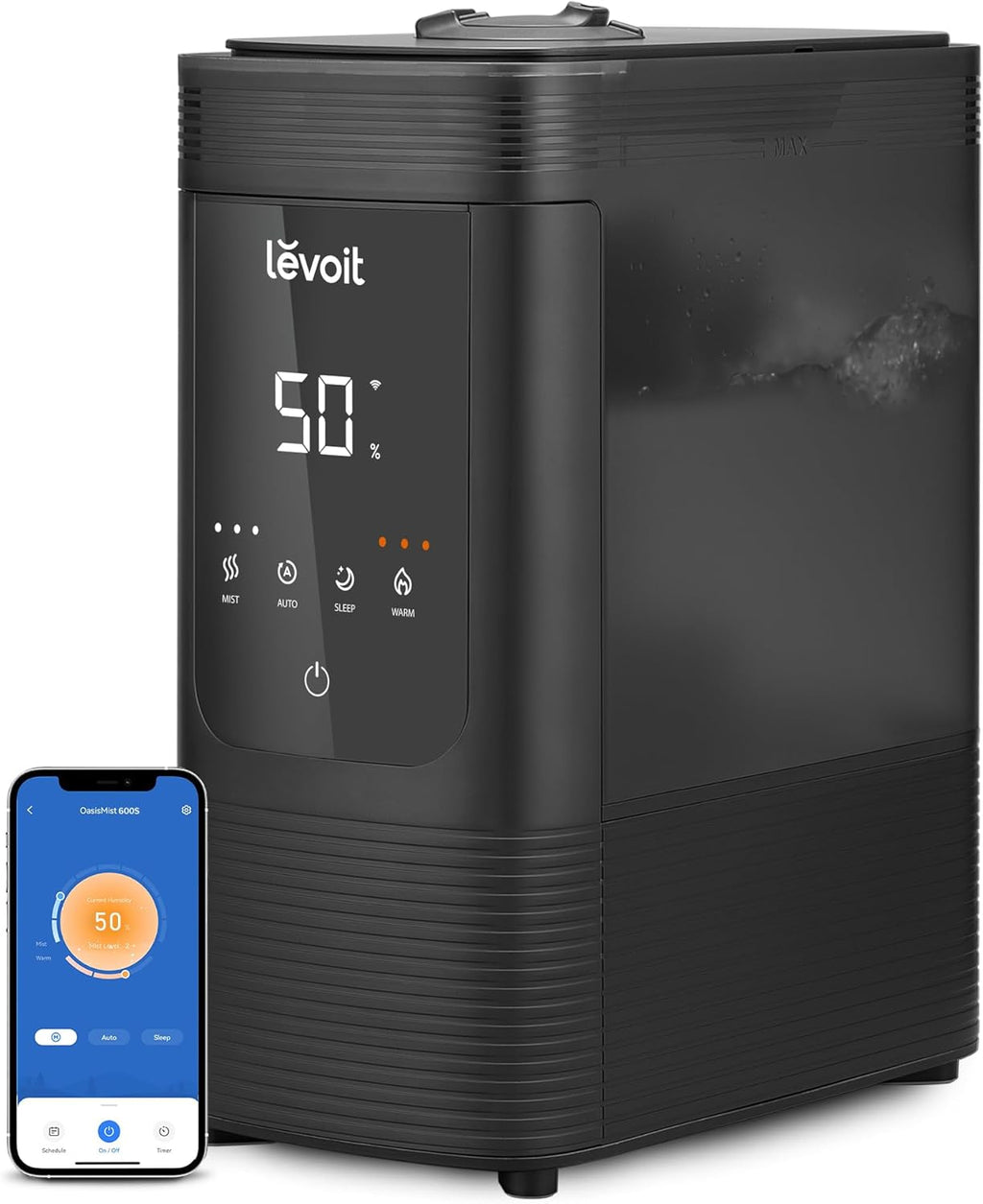 LEVOIT 6L Smart Warm & Cool Mist Humidifier for Large Rooms – 60H Runtime, Auto Humidity, Top-Fill, Essential Oil Diffuser, Whisper-Quiet, Handle, Black