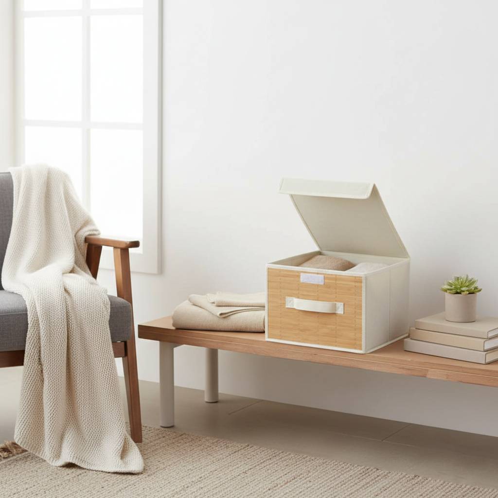 Foldable Fabric Storage Bin with Lid and Bamboo Front Panel