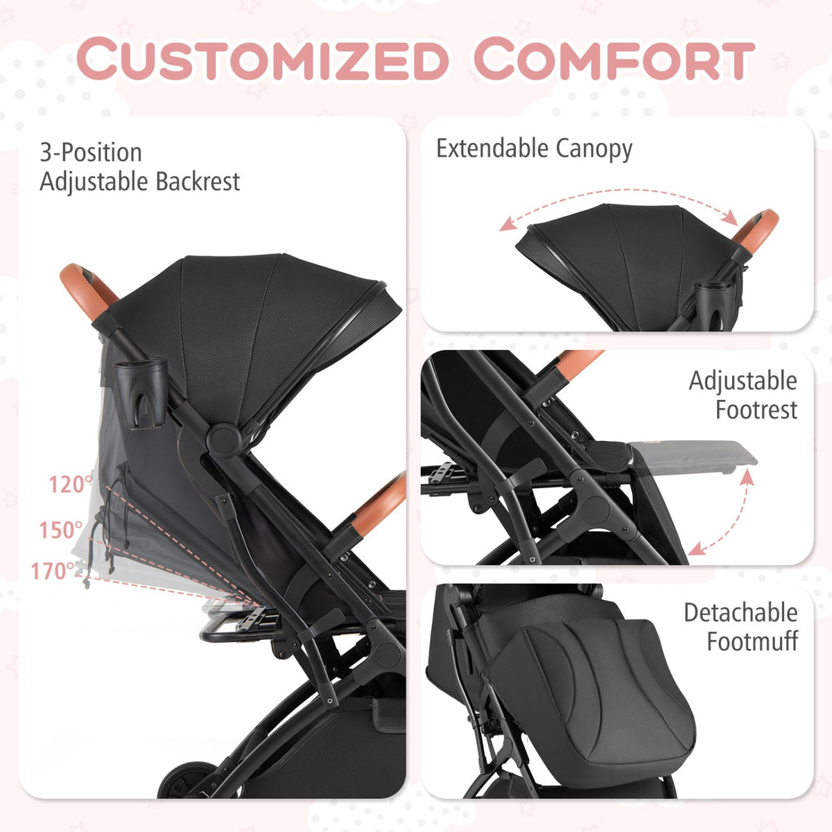 Lightweight Baby Stroller Compact Travel Stroller with One-Hand Folding