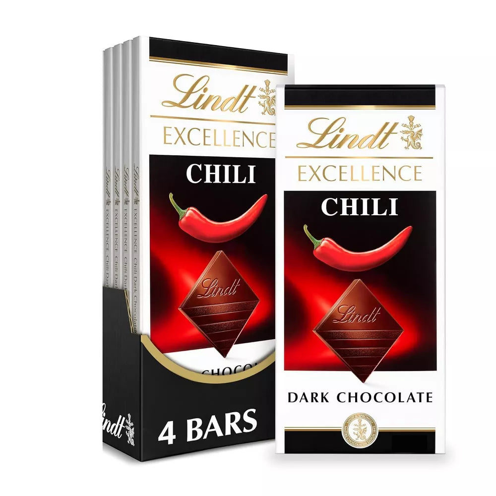 Lindt Excellence Chili Dark Chocolate Bars, Dark Chocolate Candy Infused with Spicy Red Chili, 3.5 oz, 4 Pack, 6 Pack & 12 Pack Options