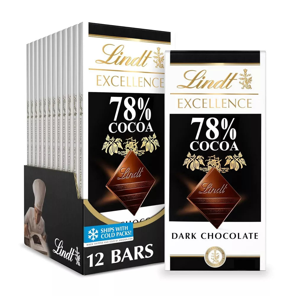 Lindt Excellence 78% Cocoa Dark Chocolate Bars, Premium Full Size Dark Chocolate Candy Bars, 3.5 oz, 4 Pack, 6 Pack & 12 Pack Options