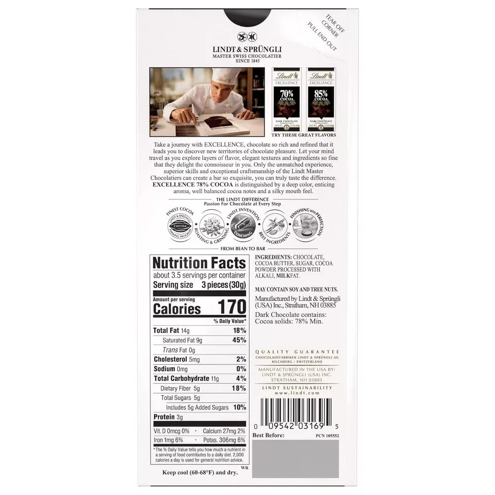Lindt Excellence 78% Cocoa Dark Chocolate Bars, Premium Full Size Dark Chocolate Candy Bars, 3.5 oz, 4 Pack, 6 Pack & 12 Pack Options
