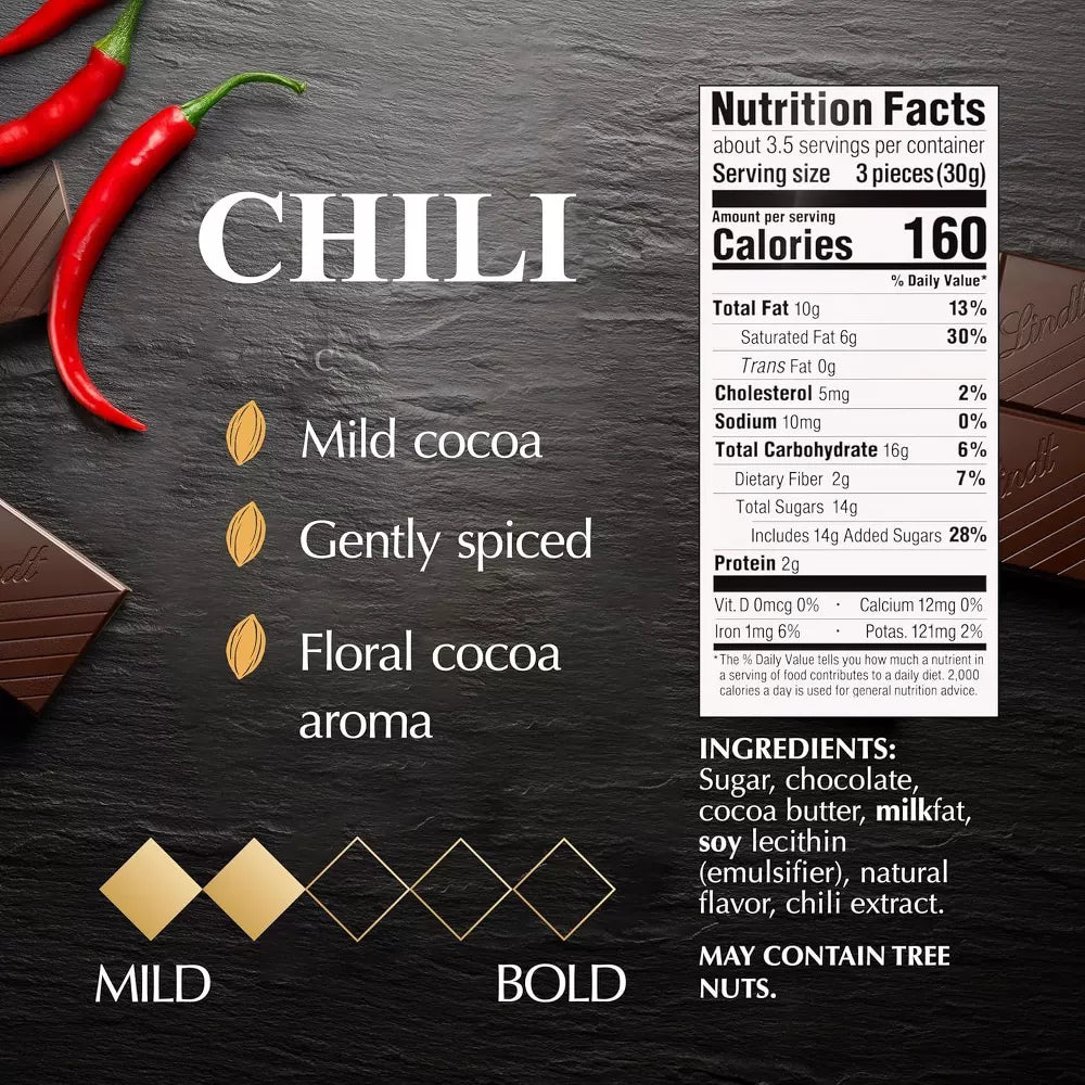 Lindt Excellence Chili Dark Chocolate Bars, Dark Chocolate Candy Infused with Spicy Red Chili, 3.5 oz, 4 Pack, 6 Pack & 12 Pack Options