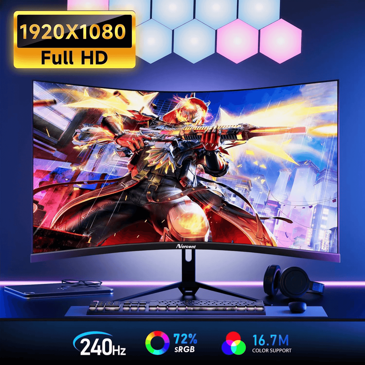 Norcent 27-Inch FHD VA Gaming Curved Monitor with Rainbow Lights