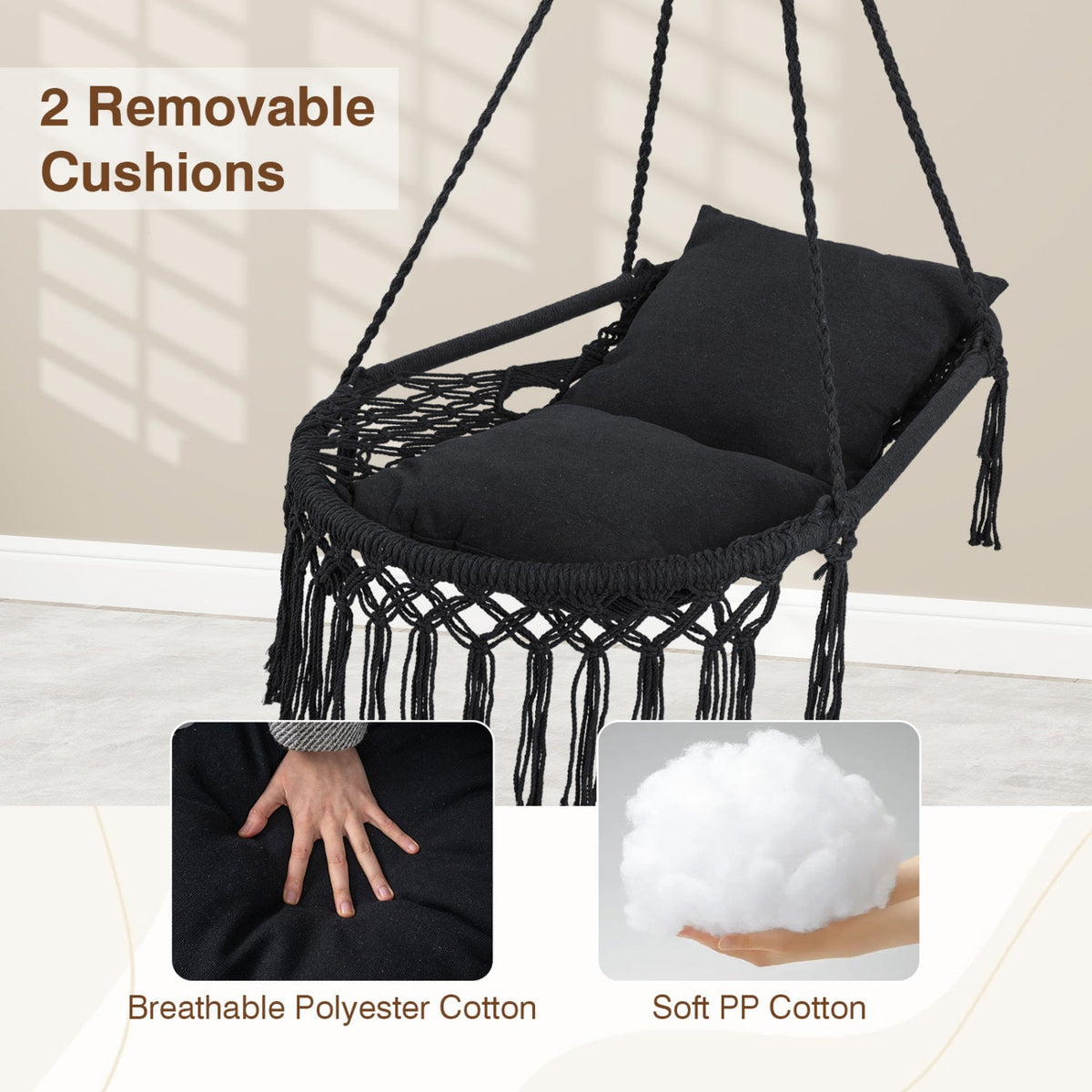 Macrame Swing Chair Hammock Chair with 2 Removable Cushions
