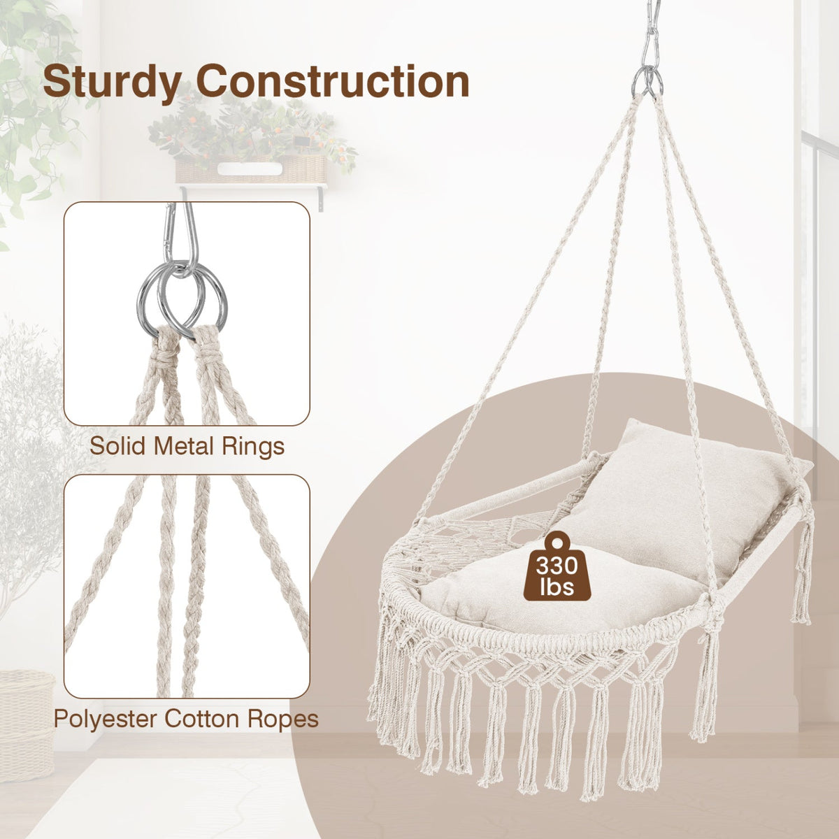 Macrame Swing Chair Hammock Chair with 2 Removable Cushions