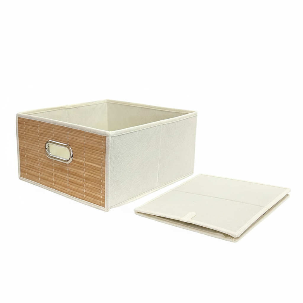 Foldable Storage Bin with Bamboo Front Panel and Handle