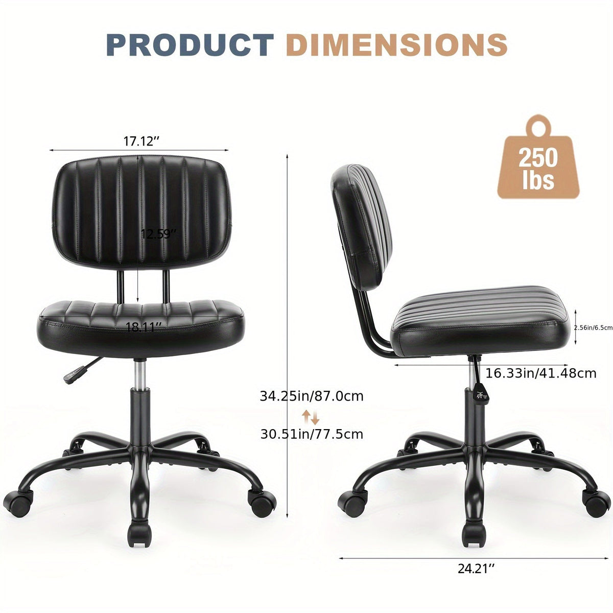 Armless Office Chair PU Leather Rolling Desk Chair Task Vanity Chair Wheels