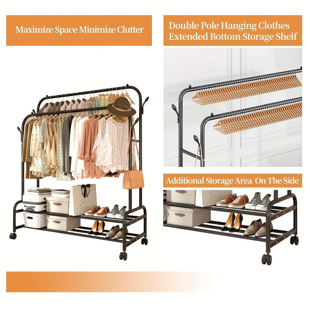 Heavy Duty Double Rod Clothes Rack w/ Wheels Shelves Hooks Garment Rack
