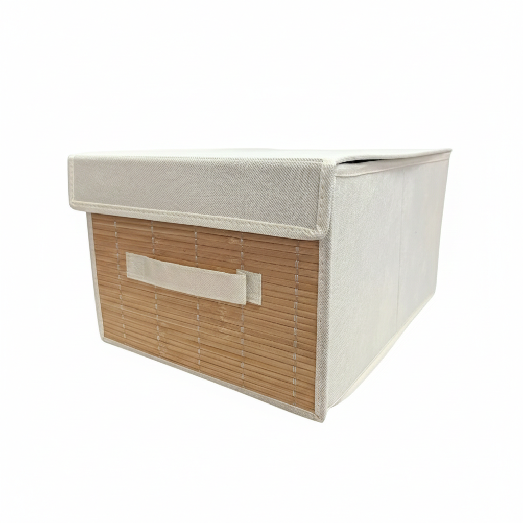 Foldable Fabric Storage Bin with Lid and Bamboo Front Panel