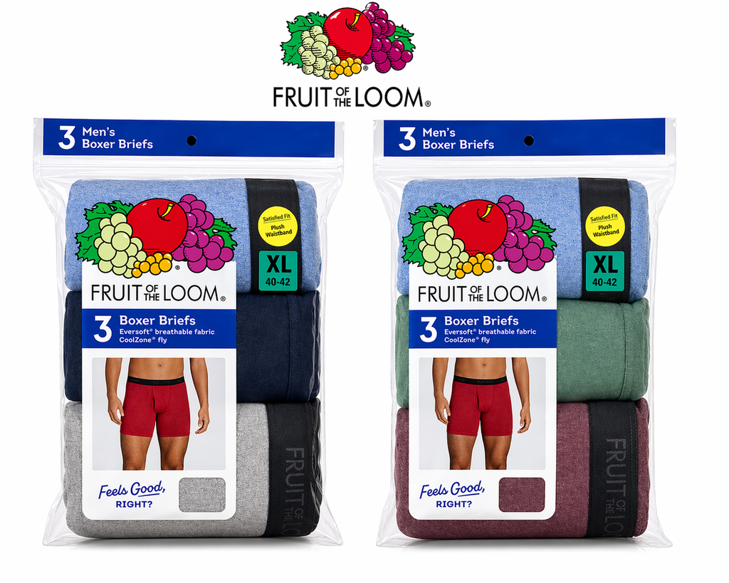 6-Pack Fruit of the Loom Boxer Briefs, Moisture Wicking Fabric, Plush Waistband, No Ride-Up Design, Soft Breathable & Durable Everyday Comfort