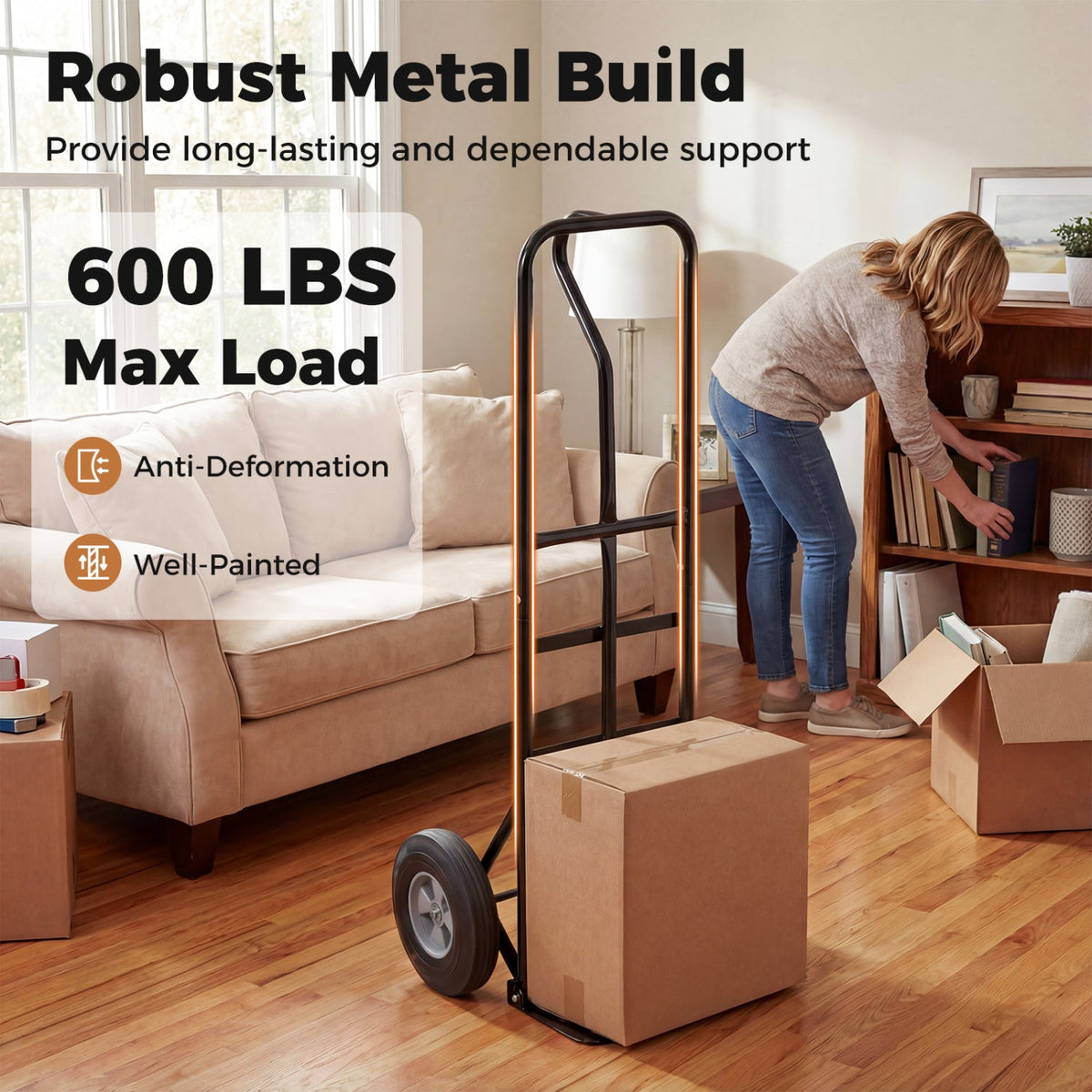 Metal Hand Truck Heavy-Duty 600 LBS Moving Dolly Cart with P-Handle and 10inch Rubber Wheels