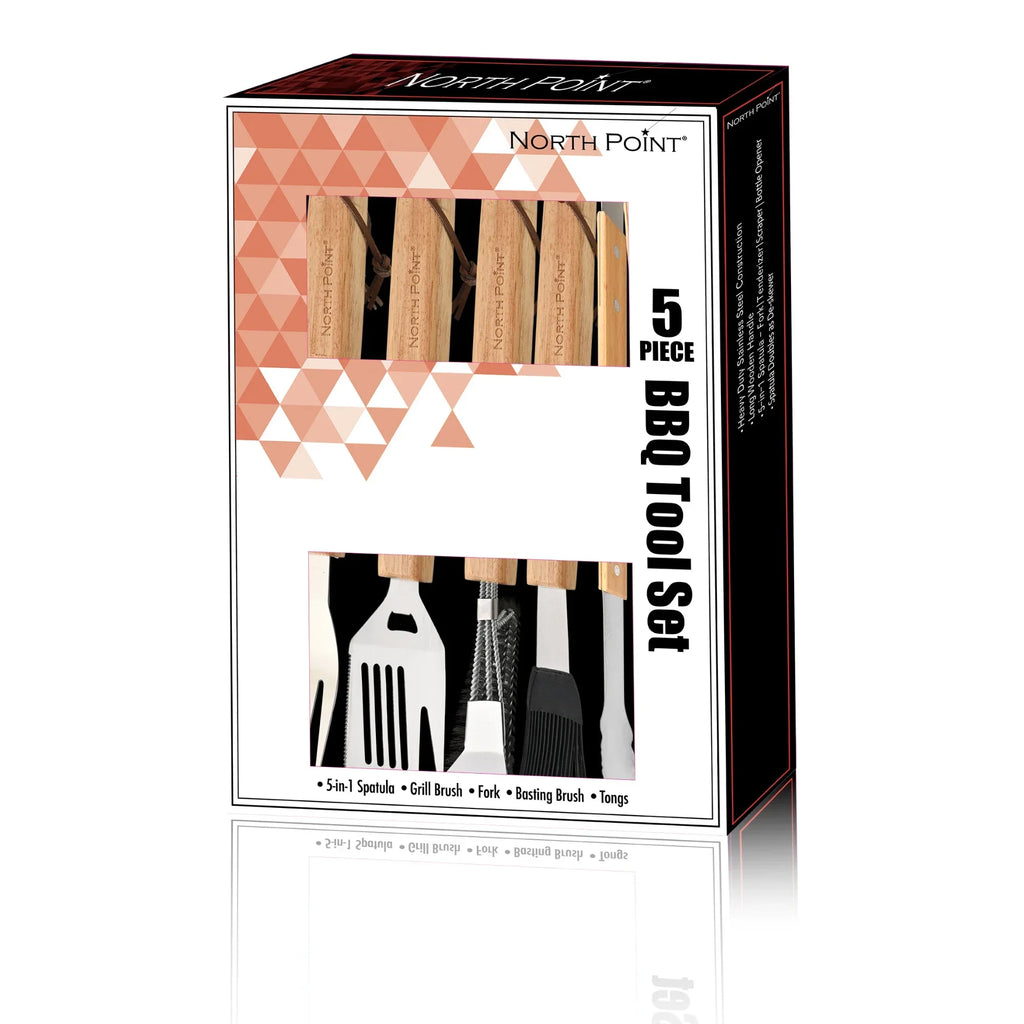 North Point 5 Piece BBQ Tool Set – Wood Handle Stainless Steel with 5-in-1 Spatula