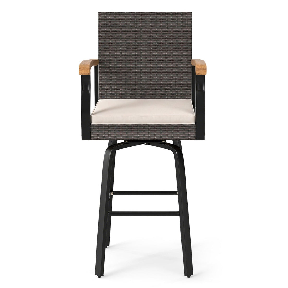 360° Swivel Outdoor Bar Stool with Cushion & Wood Armrests