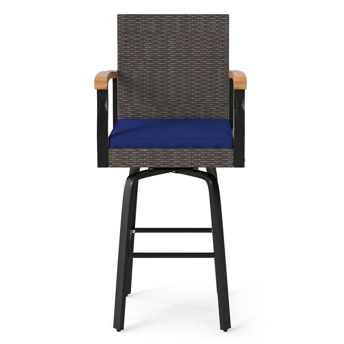360° Swivel Outdoor Bar Stool with Cushion & Wood Armrests