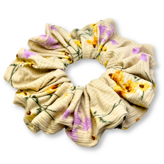 Ivory Floral Summer Ribbed Scrunchie