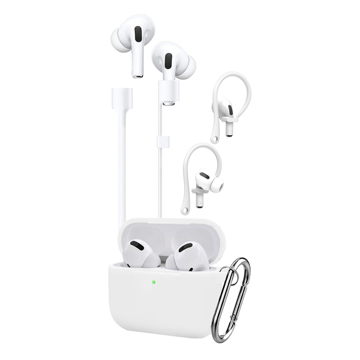 AirPods Pro Accessory Kit – Silicone Case, Ear Hooks, Anti-Lost Strap, Cleaning Brush & Carabiner