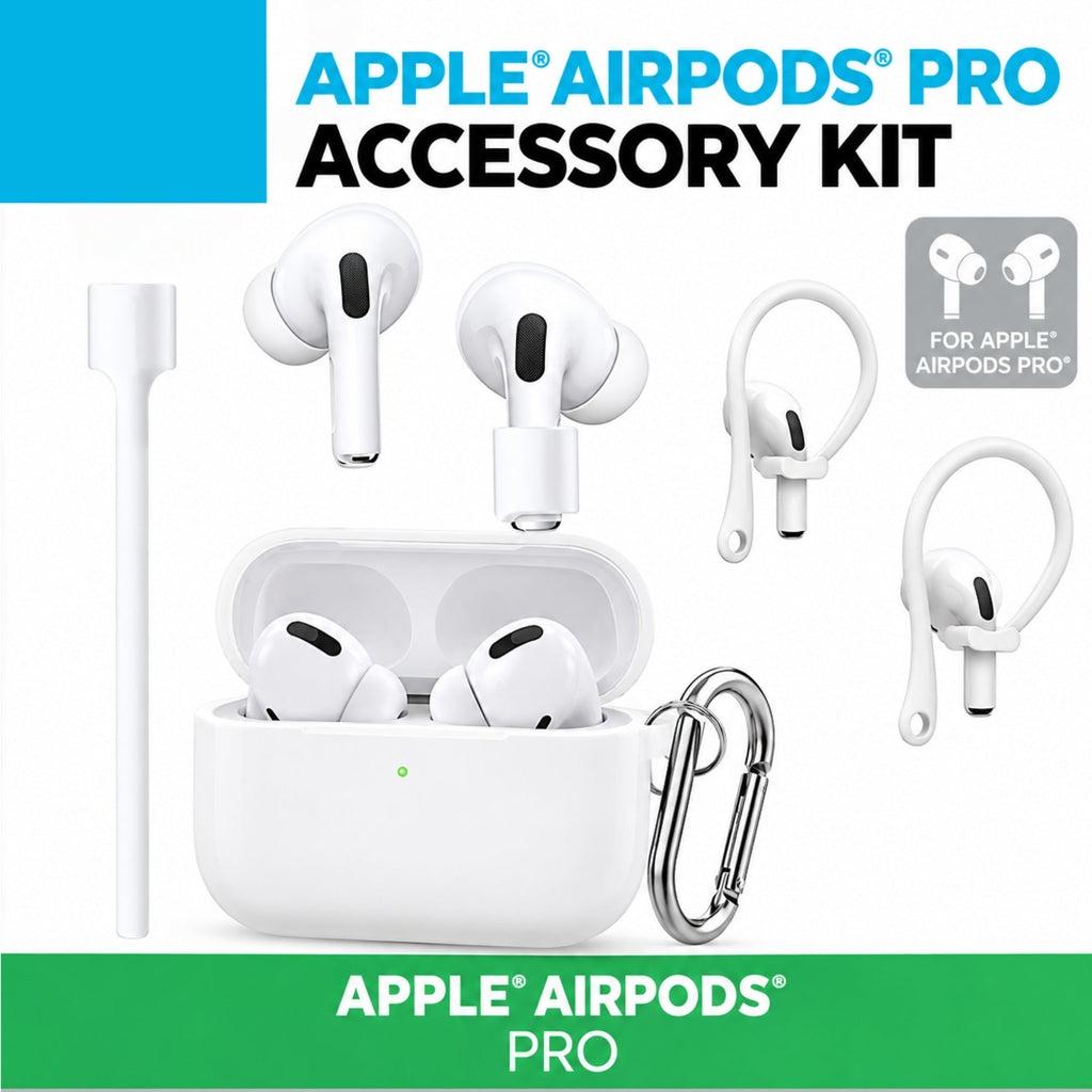 AirPods Pro Accessory Kit – Silicone Case, Ear Hooks, Anti-Lost Strap, Cleaning Brush & Carabiner
