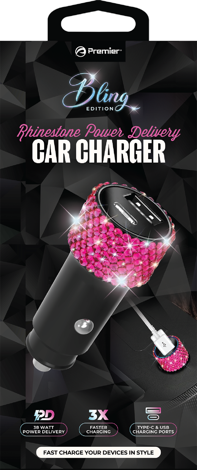 Bling 38W Car Charger – Pink Crystal USB-C PD + QC 3.0 Dual Port Fast Charger