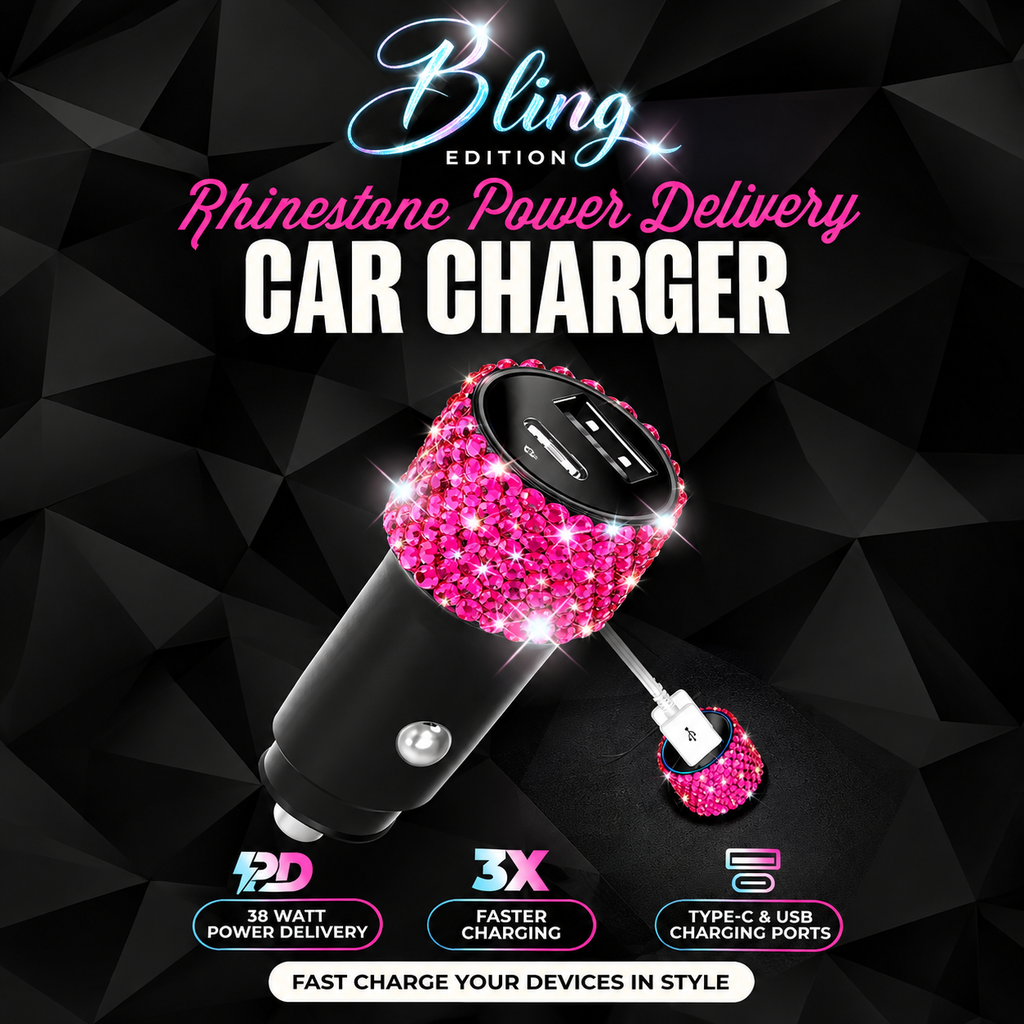 Bling 38W Car Charger – Pink Crystal USB-C PD + QC 3.0 Dual Port Fast Charger