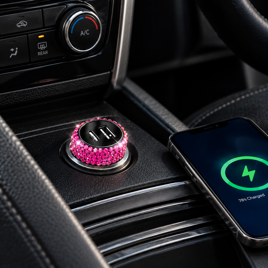 Bling 38W Car Charger – Pink Crystal USB-C PD + QC 3.0 Dual Port Fast Charger