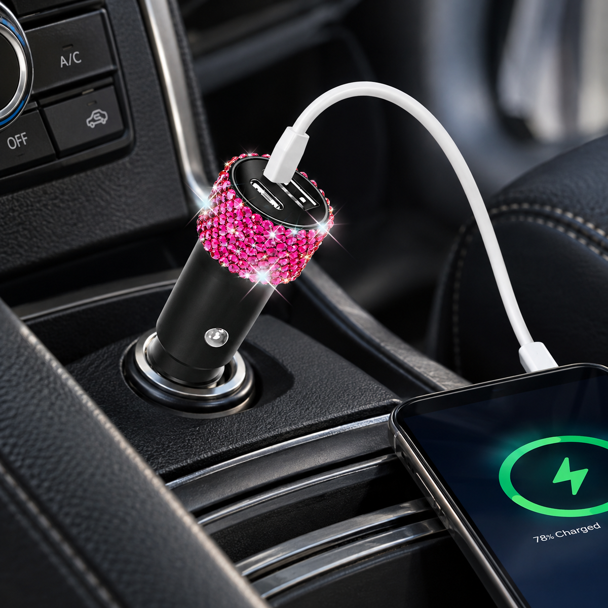 Bling 38W Car Charger – Pink Crystal USB-C PD + QC 3.0 Dual Port Fast Charger