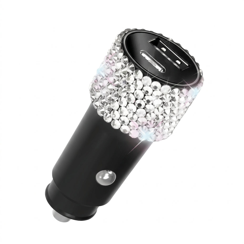 Bling 38W Car Charger – Silver Crystal USB-C PD + QC 3.0 Dual Port Fast Charger