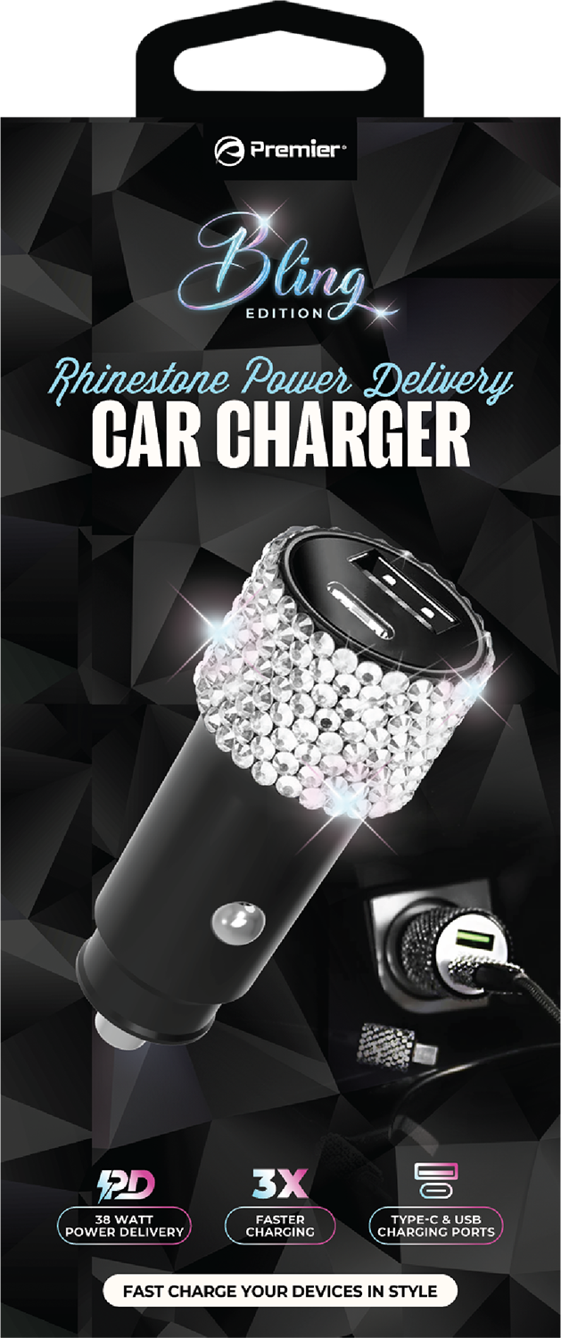 Bling 38W Car Charger – Silver Crystal USB-C PD + QC 3.0 Dual Port Fast Charger