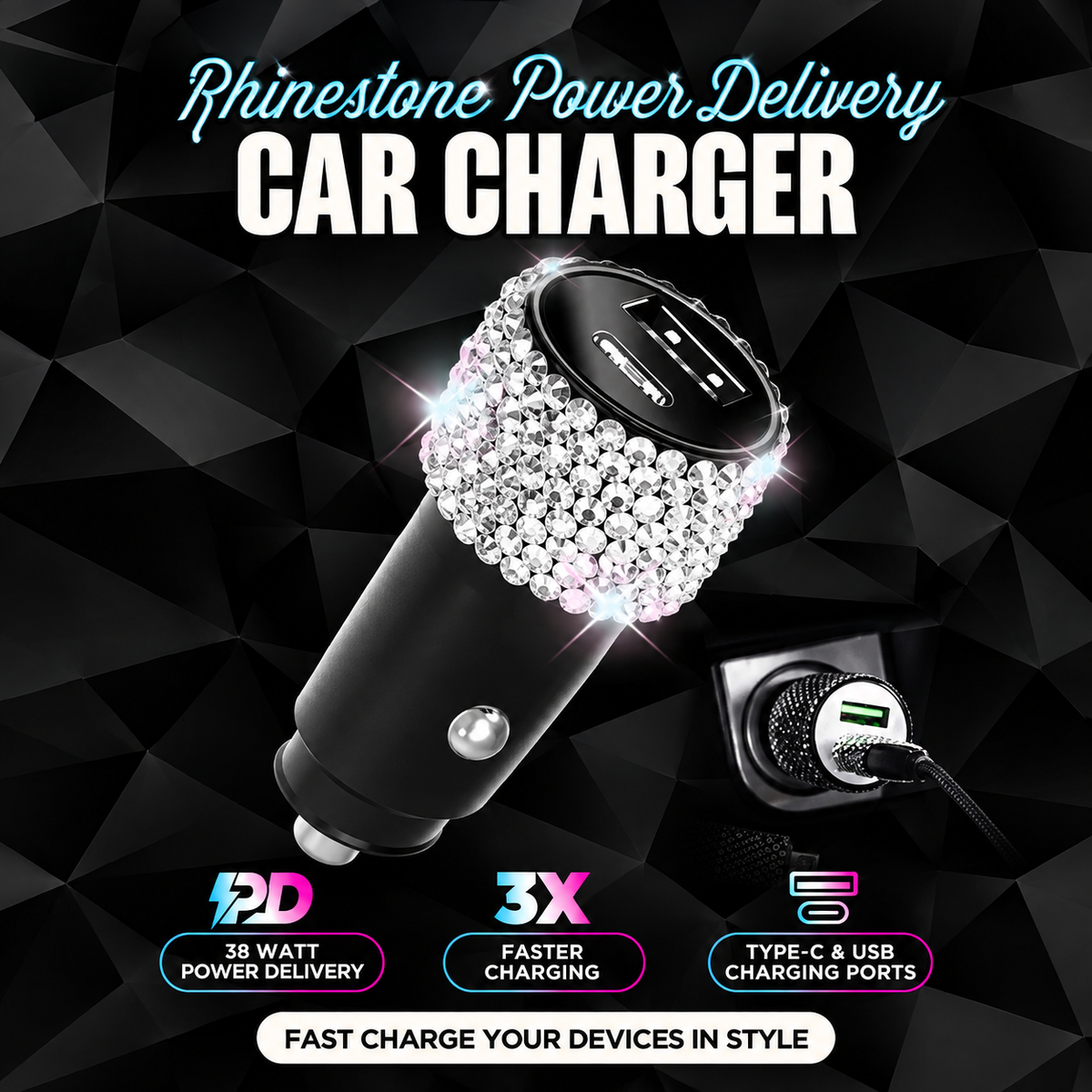 Bling 38W Car Charger – Silver Crystal USB-C PD + QC 3.0 Dual Port Fast Charger