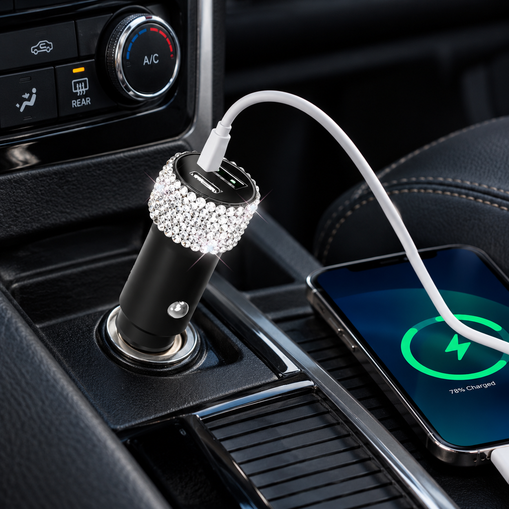 Bling 38W Car Charger – Silver Crystal USB-C PD + QC 3.0 Dual Port Fast Charger