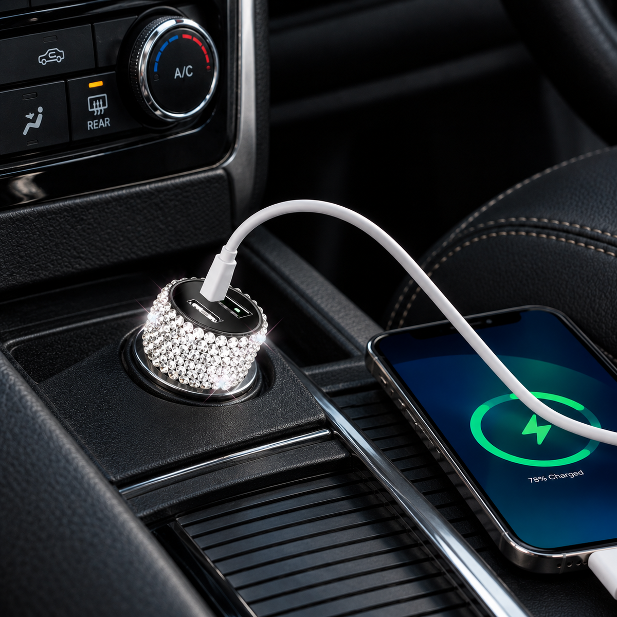 Bling 38W Car Charger – Silver Crystal USB-C PD + QC 3.0 Dual Port Fast Charger