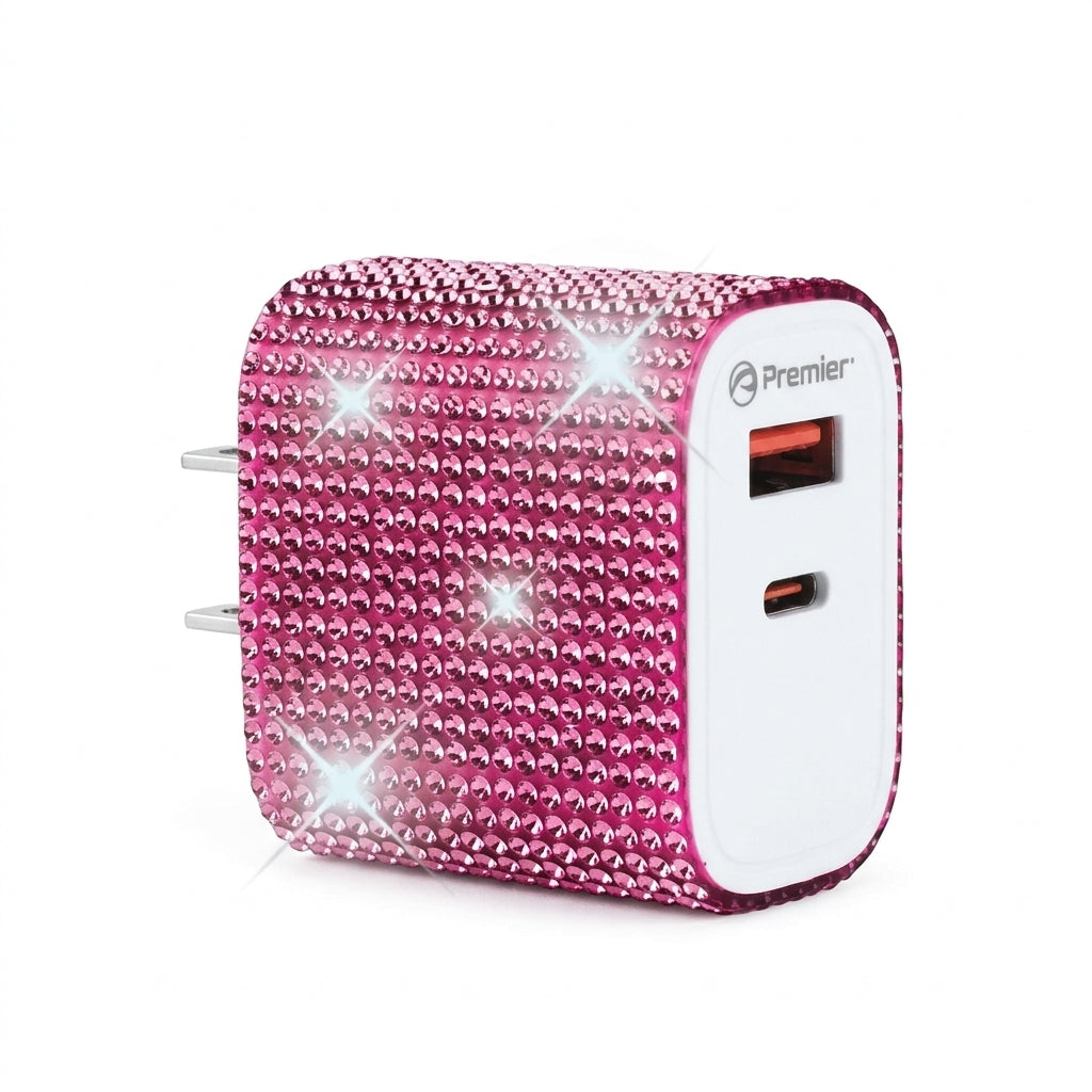 Bling 38W Wall Charger – Pink Crystal USB-C PD + QC 3.0 Dual Port Fast Charger