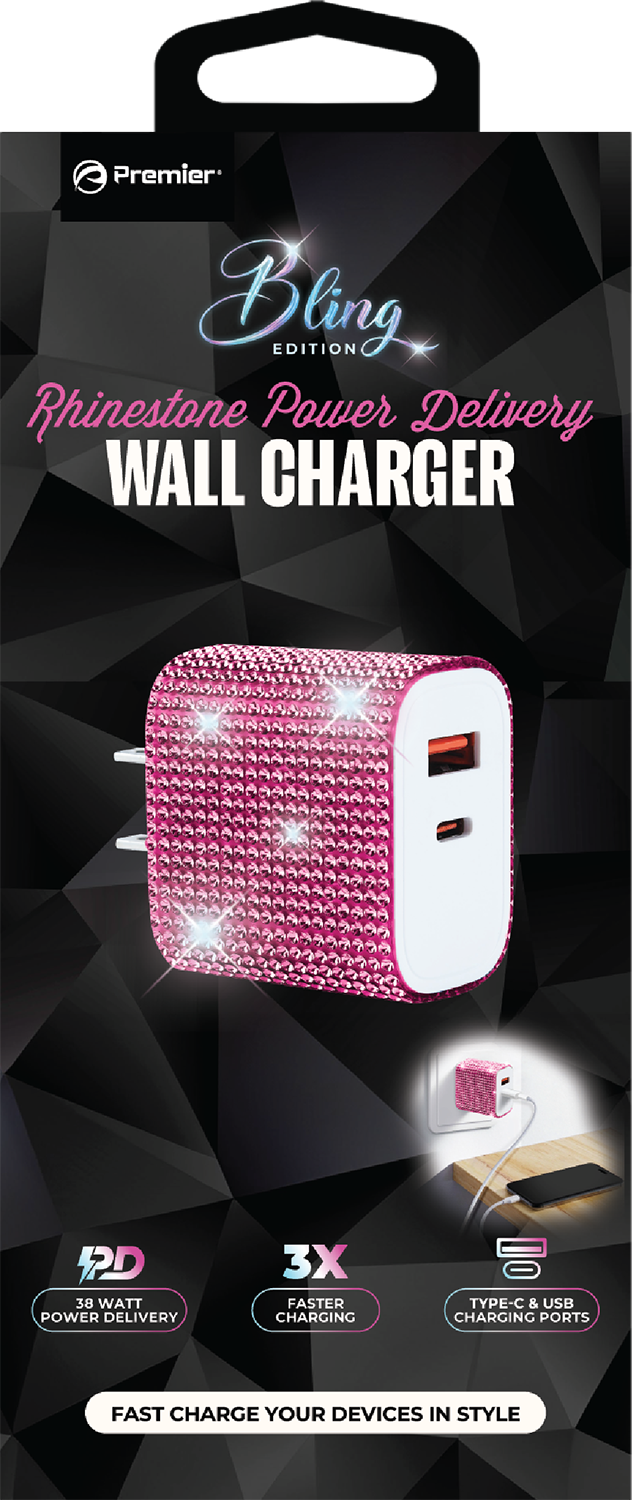 Bling 38W Wall Charger – Pink Crystal USB-C PD + QC 3.0 Dual Port Fast Charger