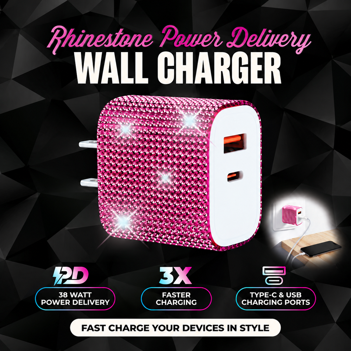 Bling 38W Wall Charger – Pink Crystal USB-C PD + QC 3.0 Dual Port Fast Charger