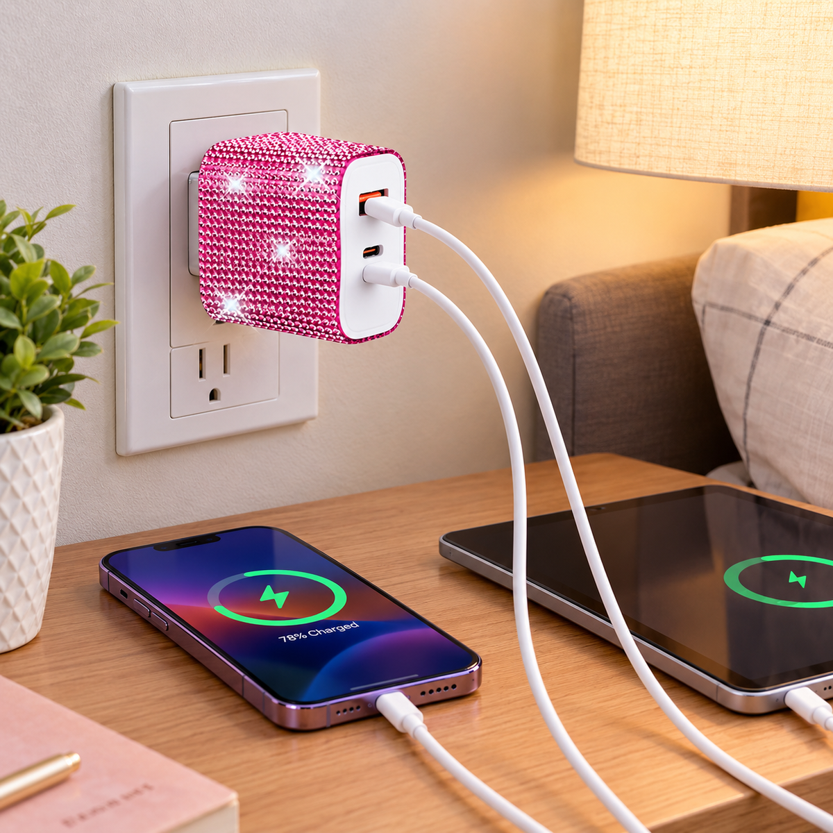 Bling 38W Wall Charger – Pink Crystal USB-C PD + QC 3.0 Dual Port Fast Charger