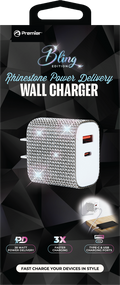 Bling 38W Wall Charger – Silver Crystal USB-C PD + QC 3.0 Dual Port Fast Charger