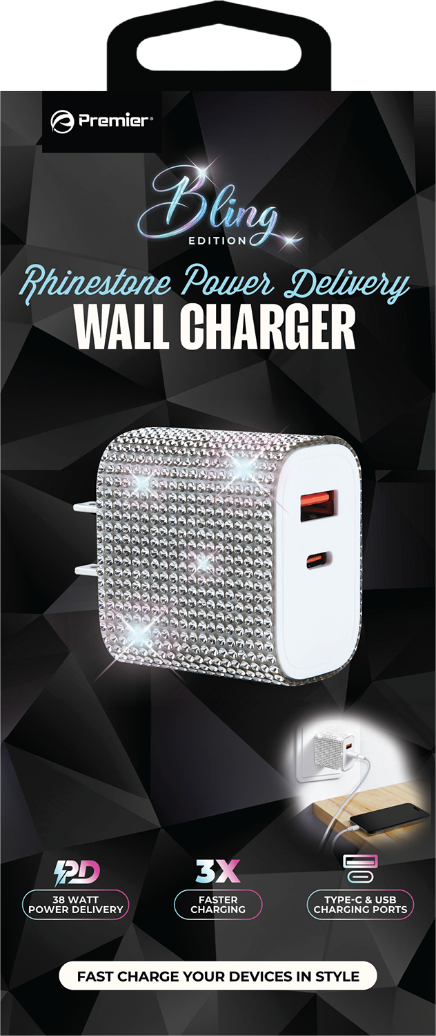 Bling 38W Wall Charger – Silver Crystal USB-C PD + QC 3.0 Dual Port Fast Charger