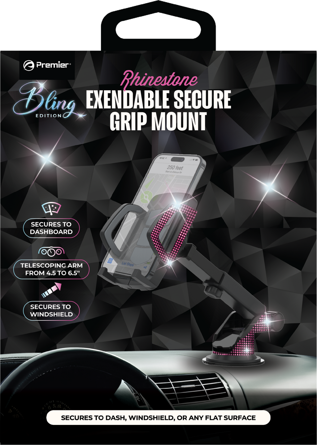 Bling Extendable Car Phone Mount – Pink Crystal Dashboard & Windshield Holder