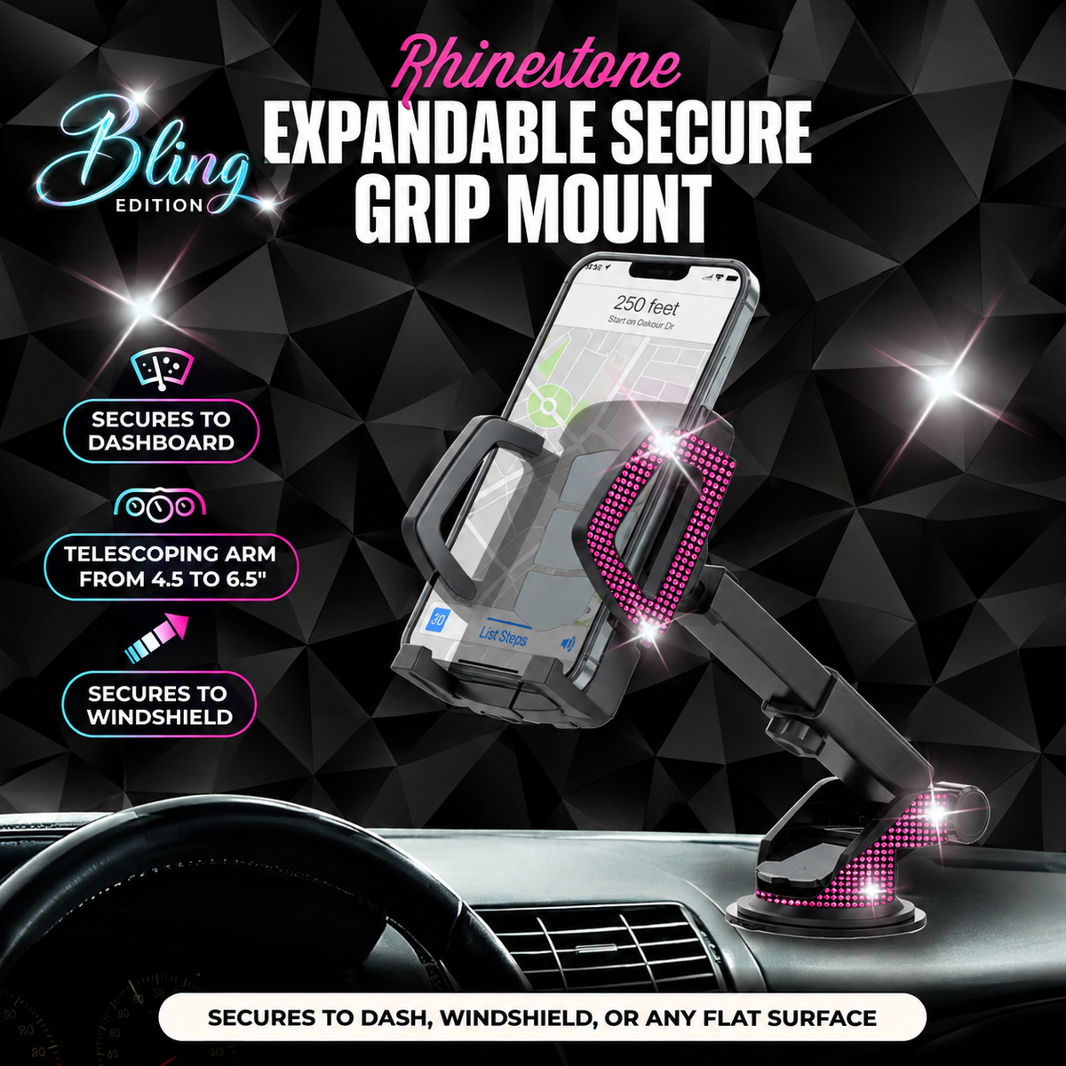 Bling Extendable Car Phone Mount – Pink Crystal Dashboard & Windshield Holder