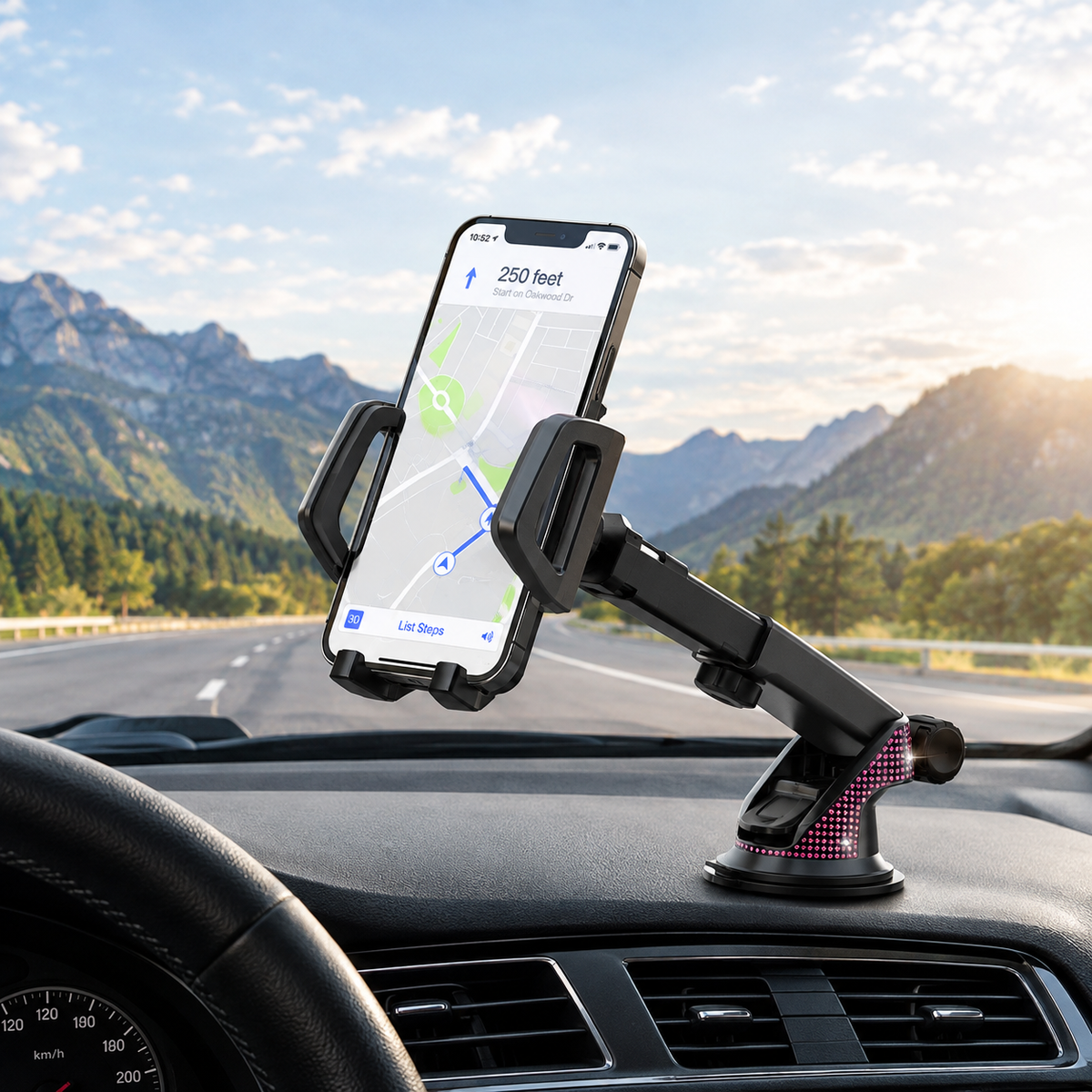 Bling Extendable Car Phone Mount – Pink Crystal Dashboard & Windshield Holder
