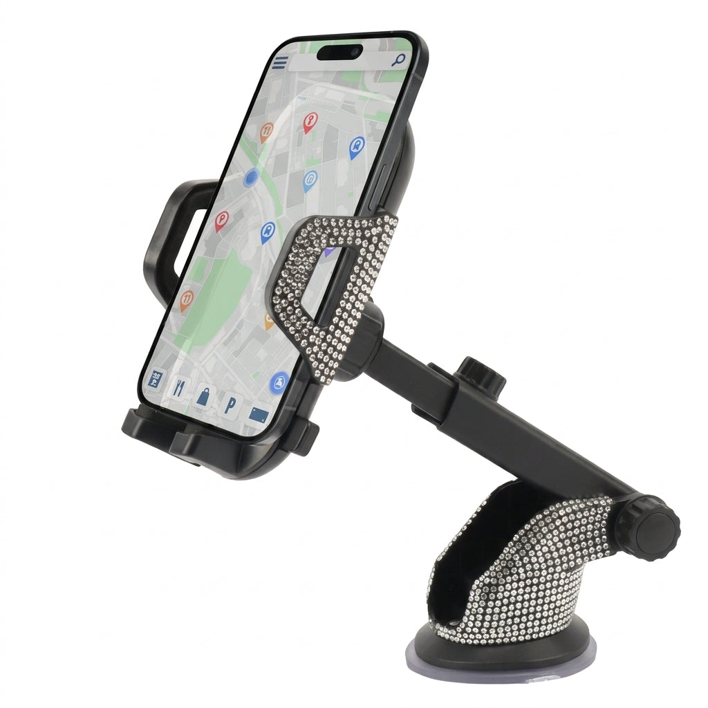 Bling Extendable Car Phone Mount – Silver Crystal Dashboard & Windshield Holder
